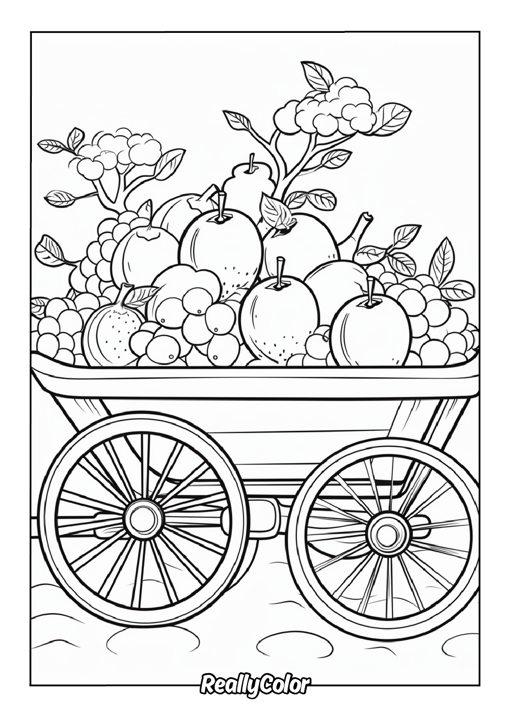 A beautiful coloring page of a cart filled with fruits