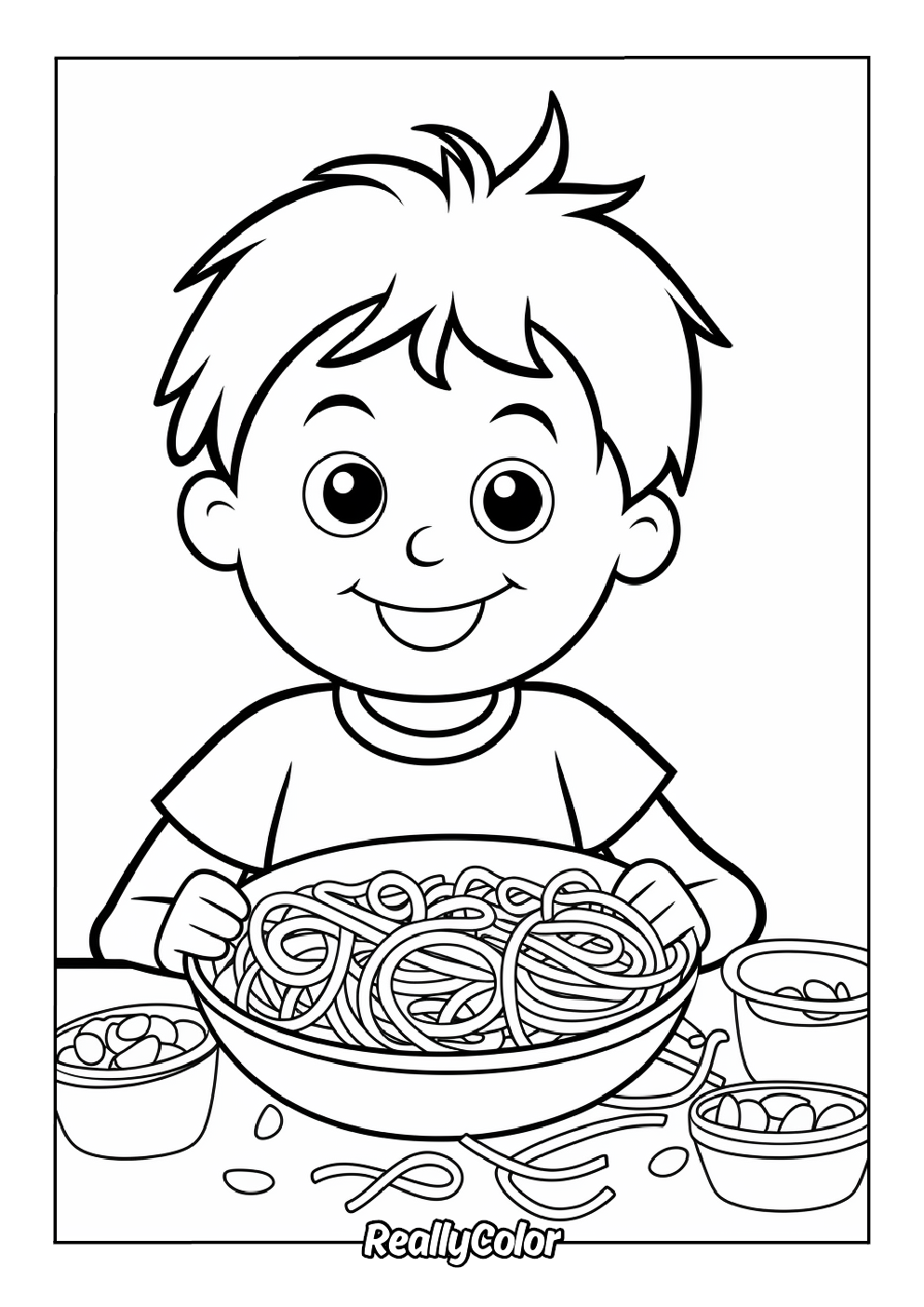 A boy eating pasta coloring page for kids