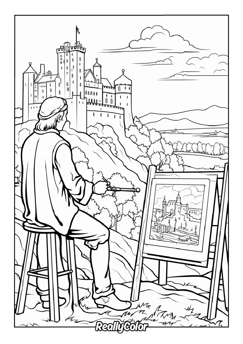 A charming coloring page of an artist painting a castle