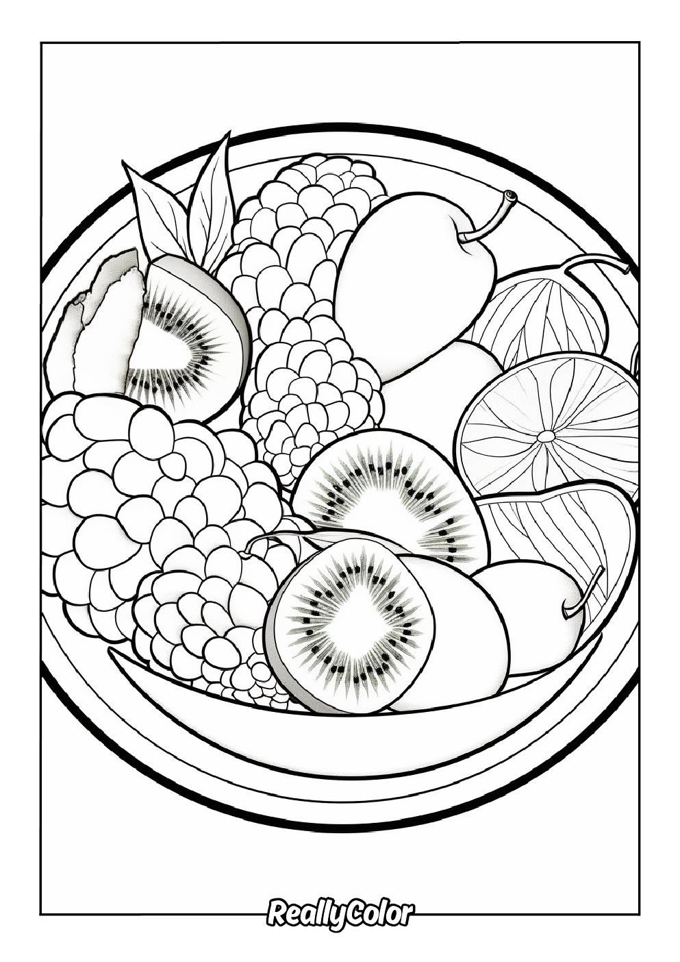 A coloring page of a diverse fruit basket from a top view