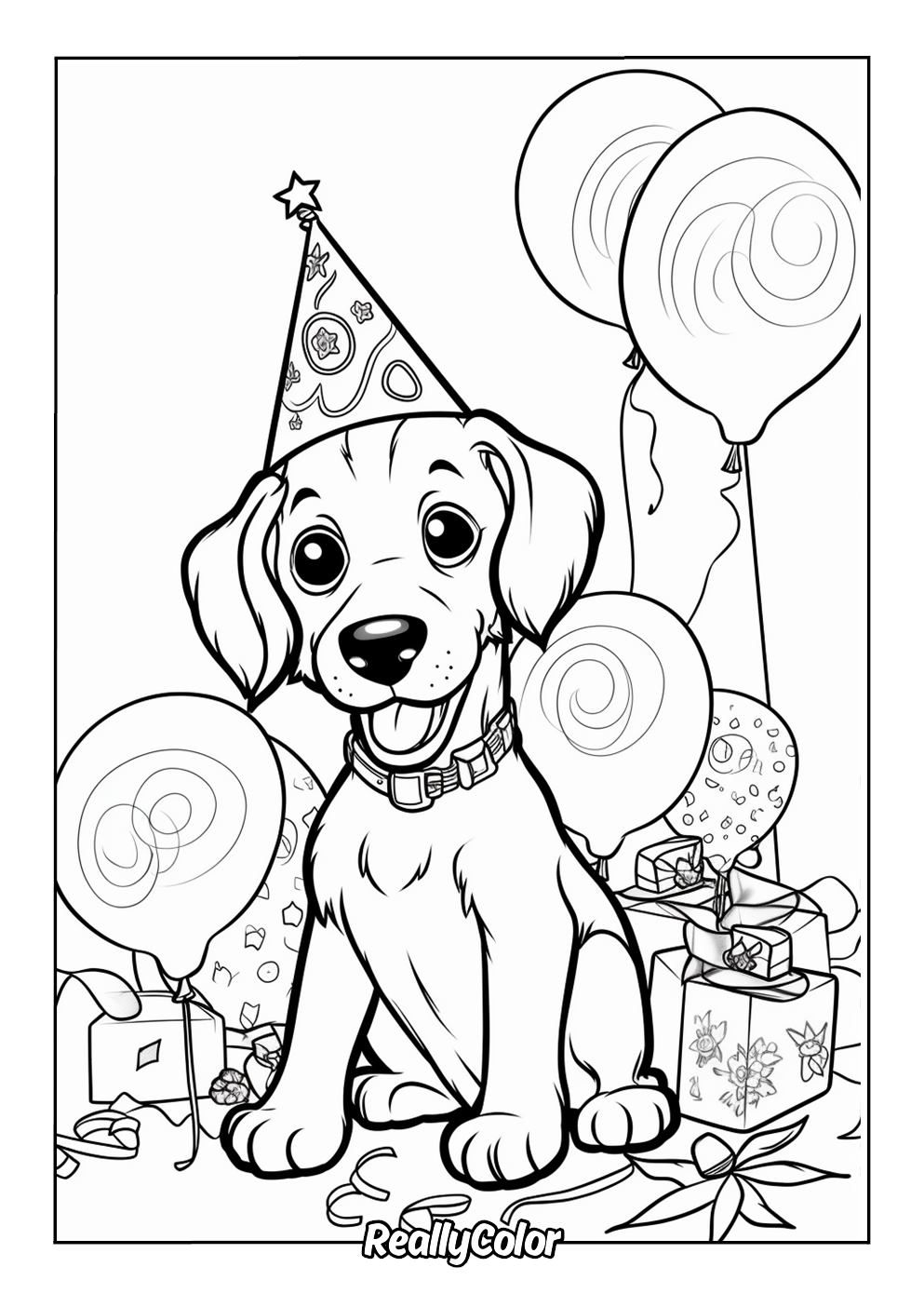 A coloring page of a dog's birthday celebration with gifts and balloons