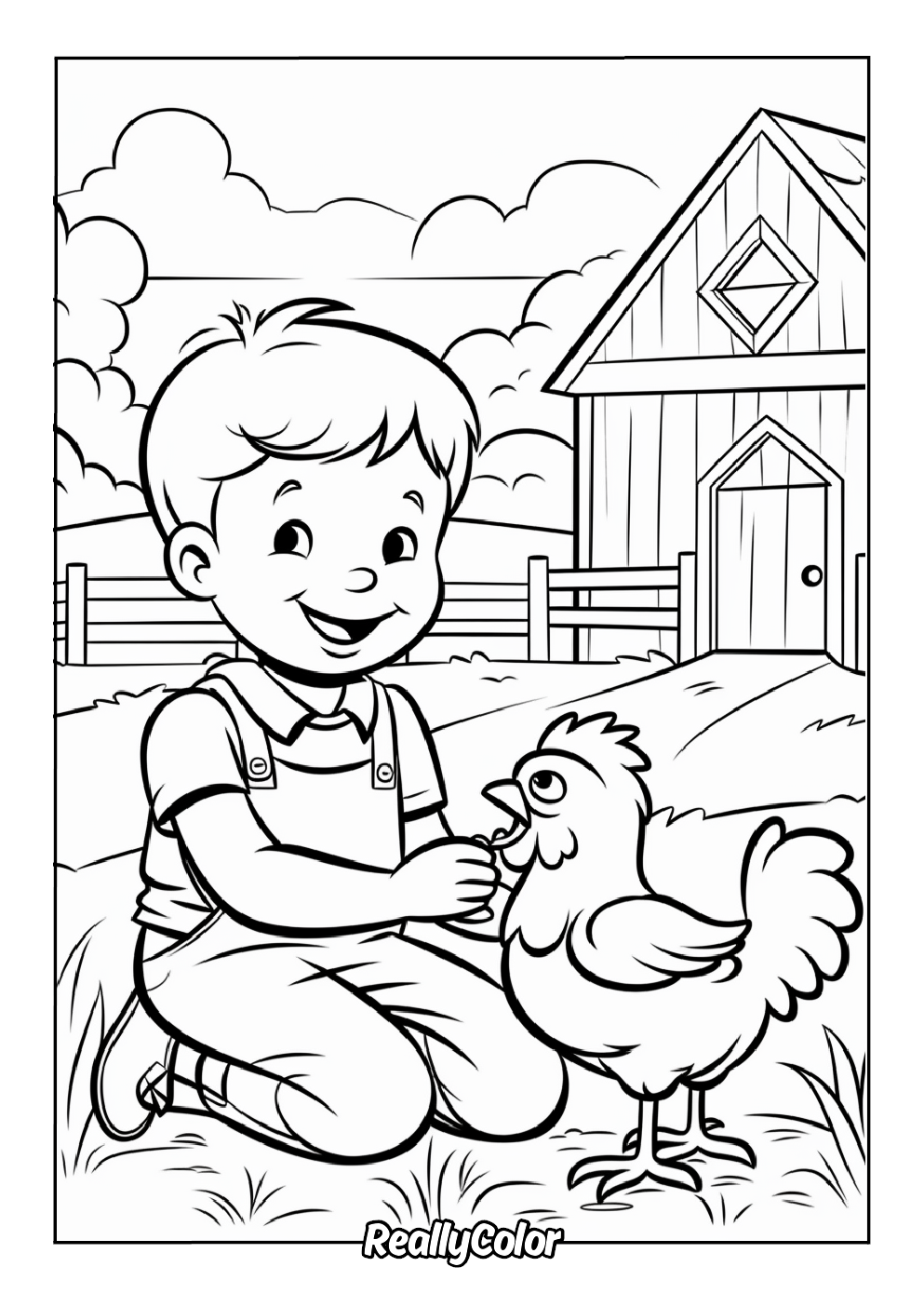 A farmer boy and a chicken to color