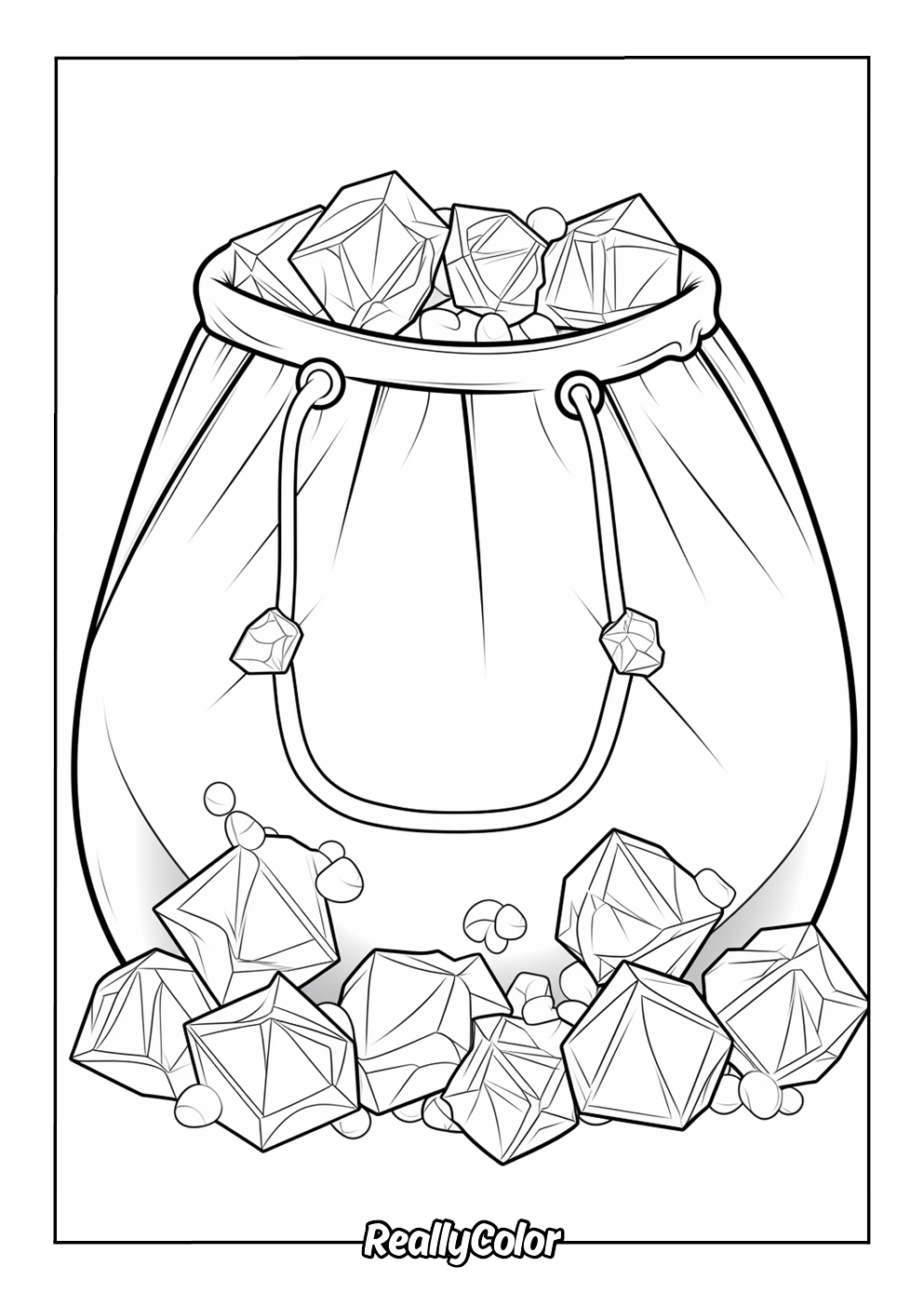 A fun coloring page of a bag full of gems