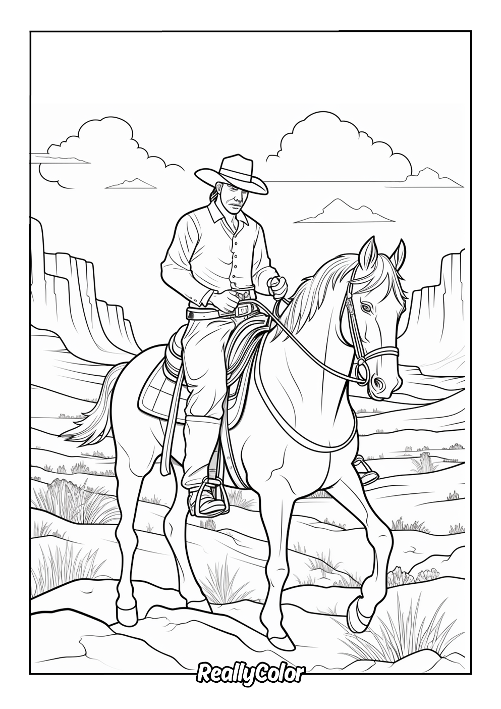 Adult coloring page of a cowboy riding a horse