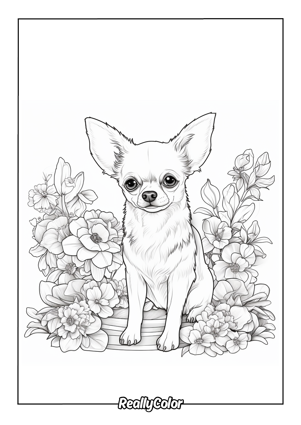 Adults coloring page of chihuahua with flowers