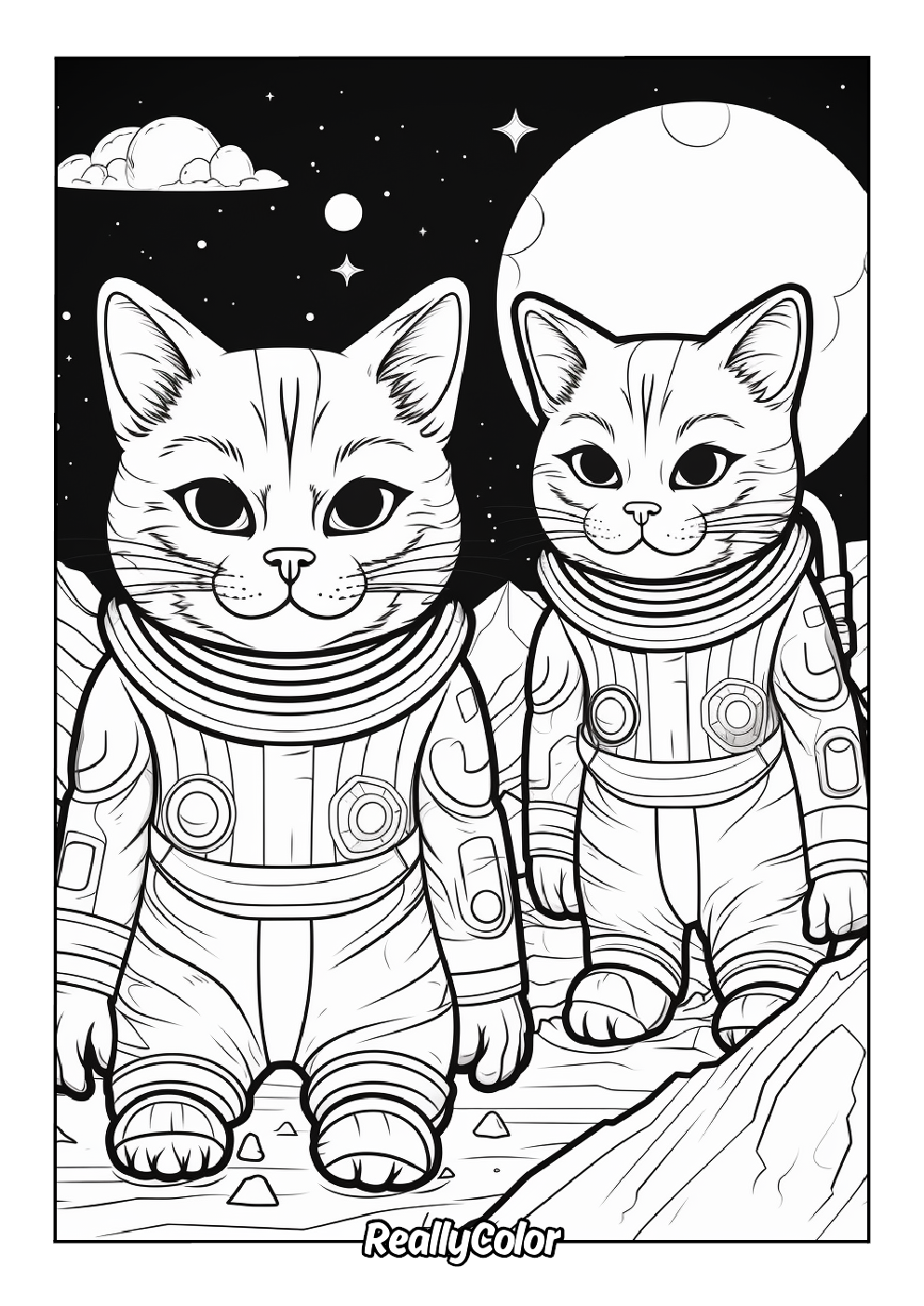 Astronaut cats coloring page for adults