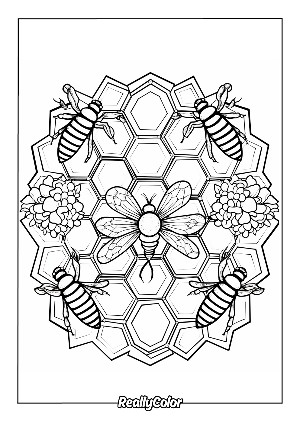 Beautiful coloring page of bees hive for adults