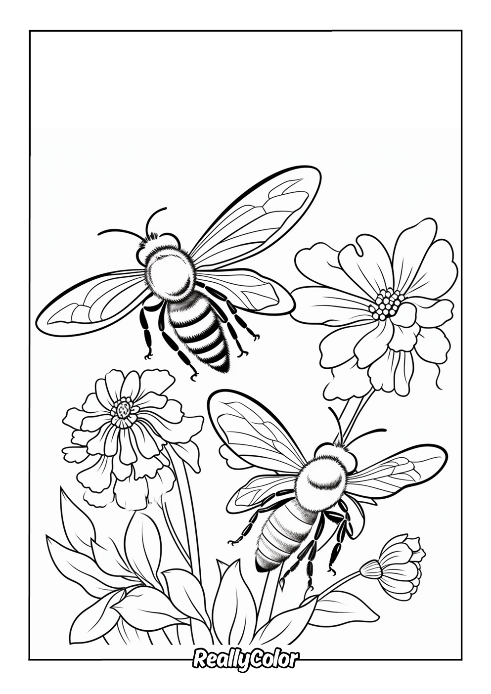 Bees and flowers coloring page