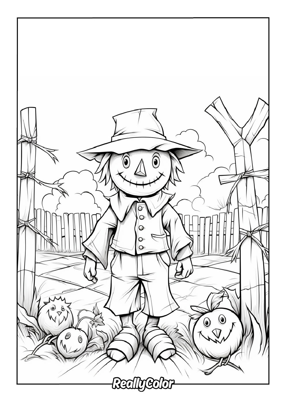 Cartoon scarecrow printable coloring page