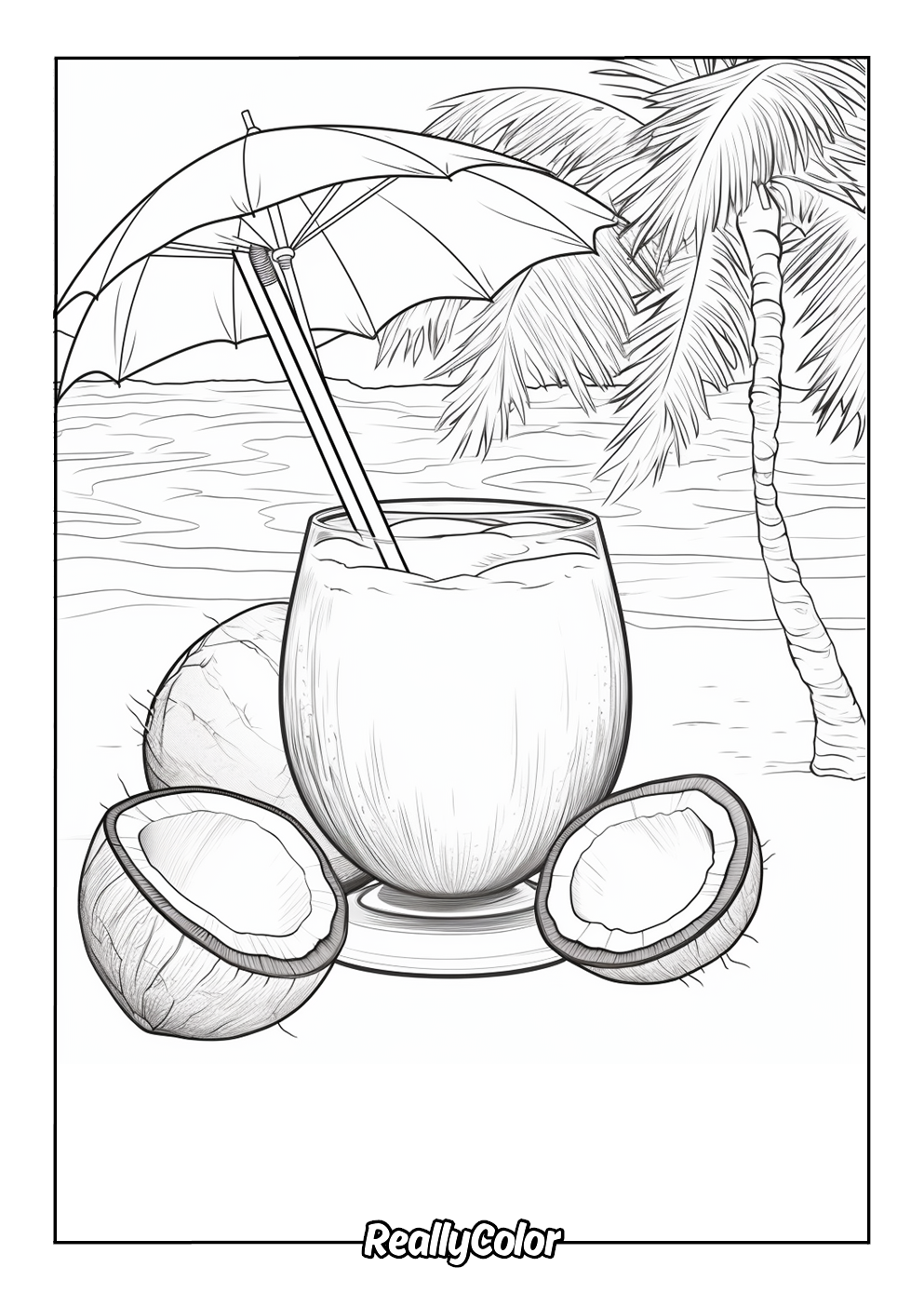 Coconut drink on the beach to color