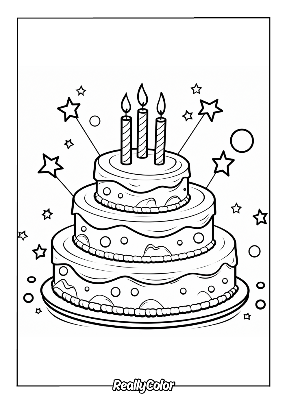 Color page of birthday cake with candles