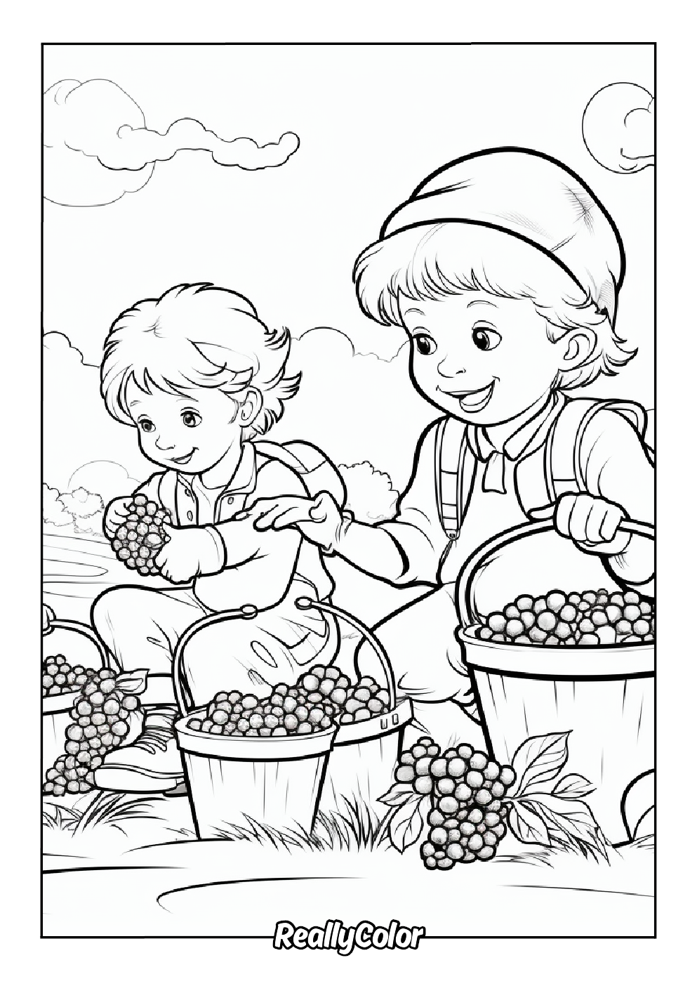 Color page of cute kids picking fruits to a basket