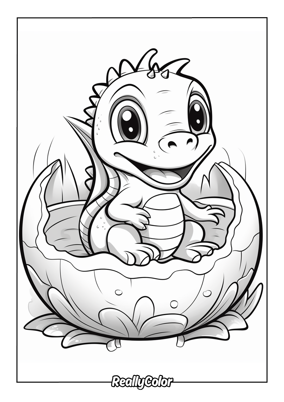 Coloring page of a baby dinosaur hatching from an egg
