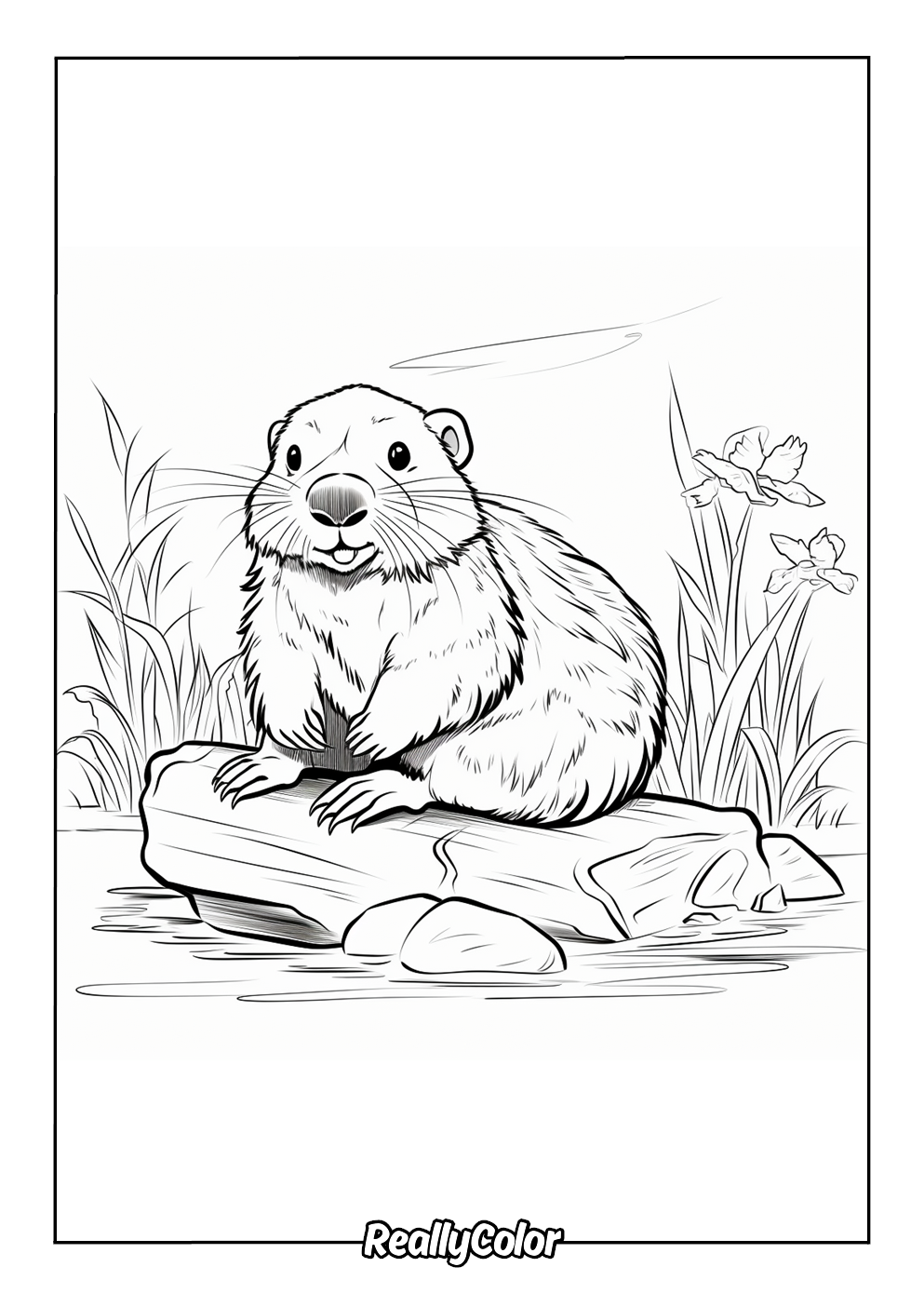 Coloring page of a beaver sitting on a log in a river