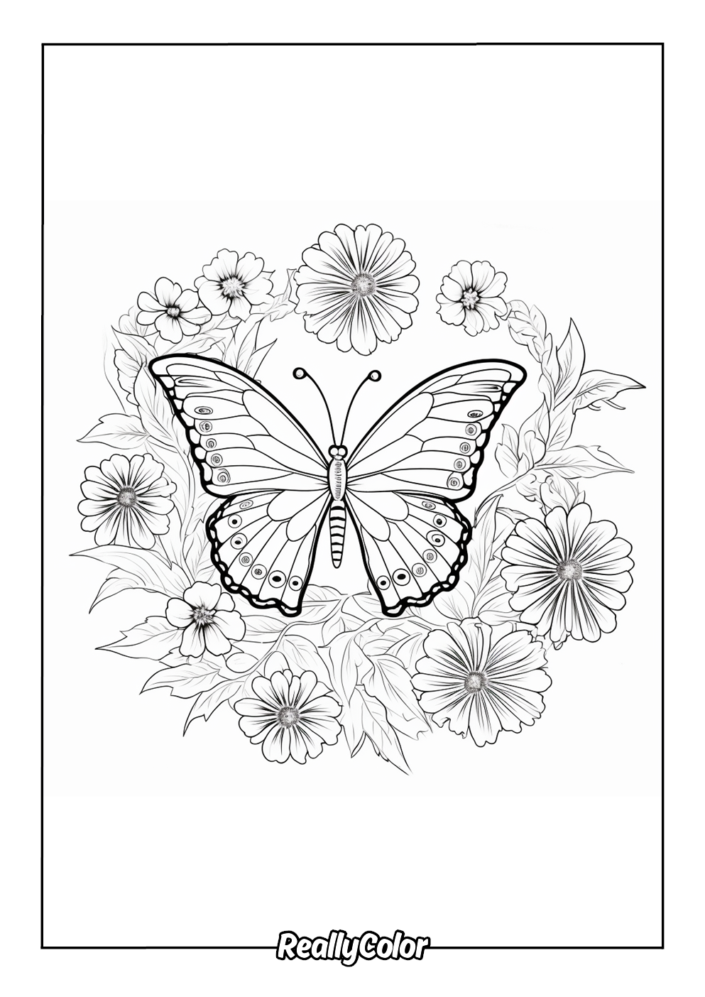 Coloring page of a butterfly and flowers
