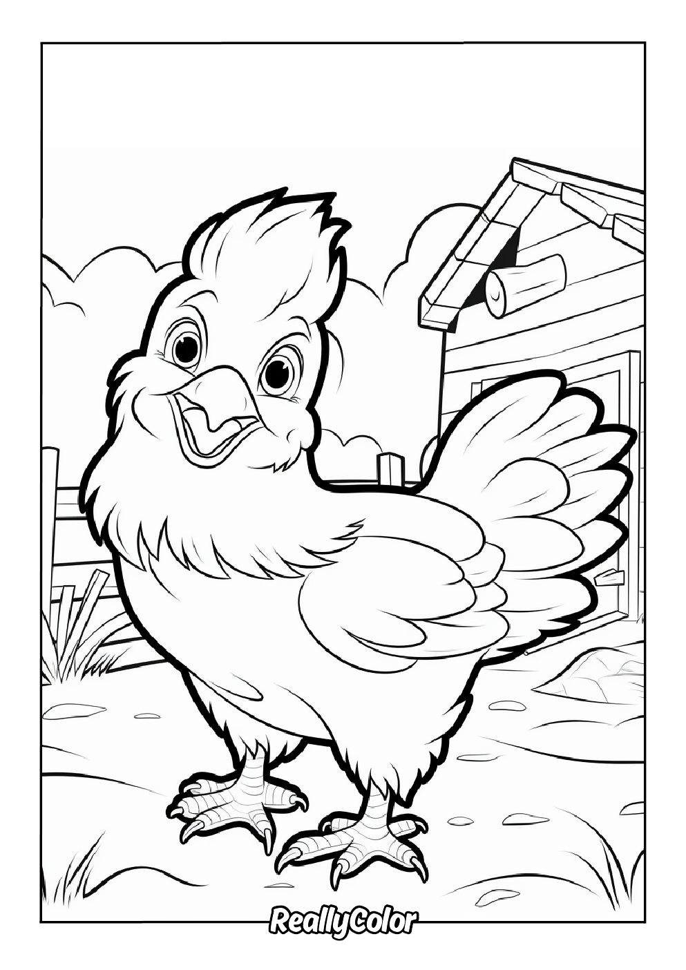 Coloring page of a cartoon chicken