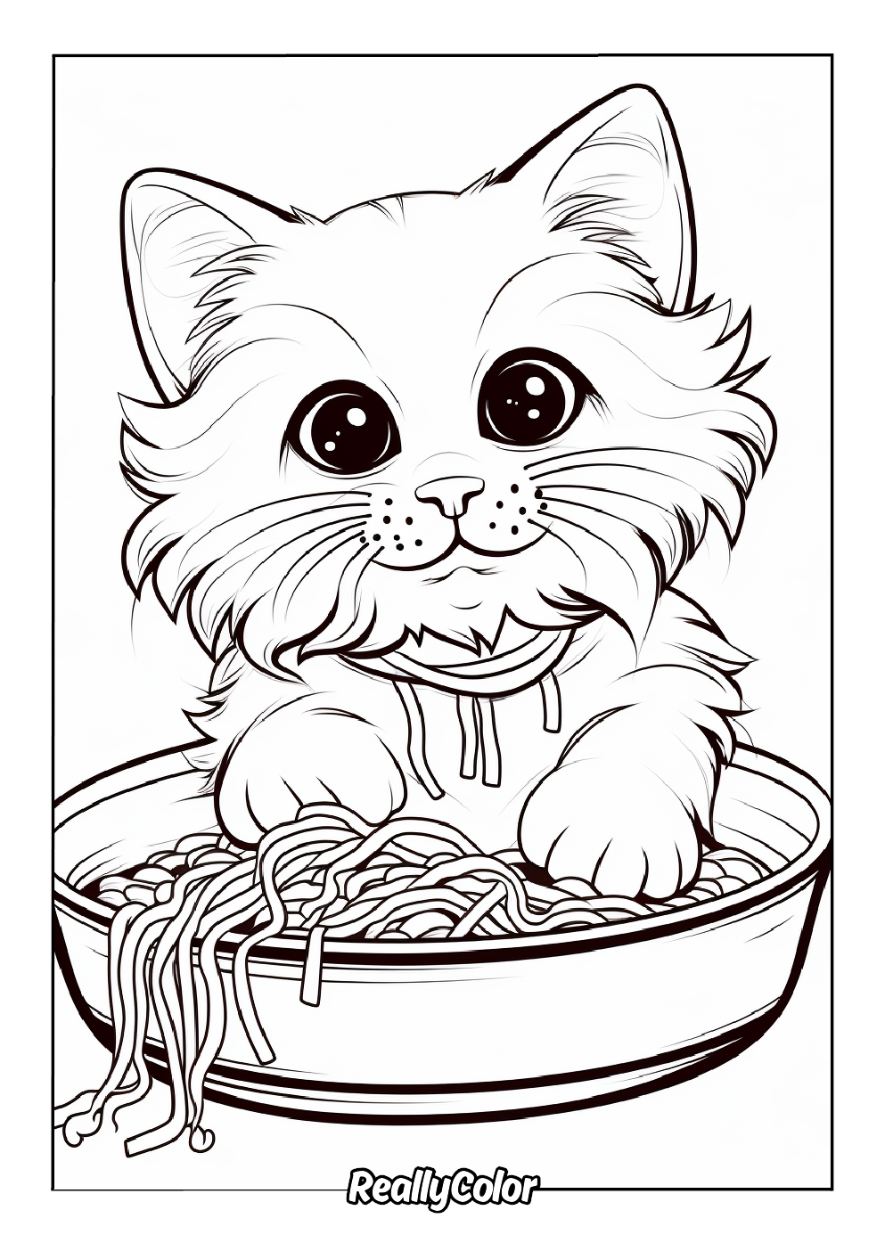 Coloring page of a cat splashing in spaghetti
