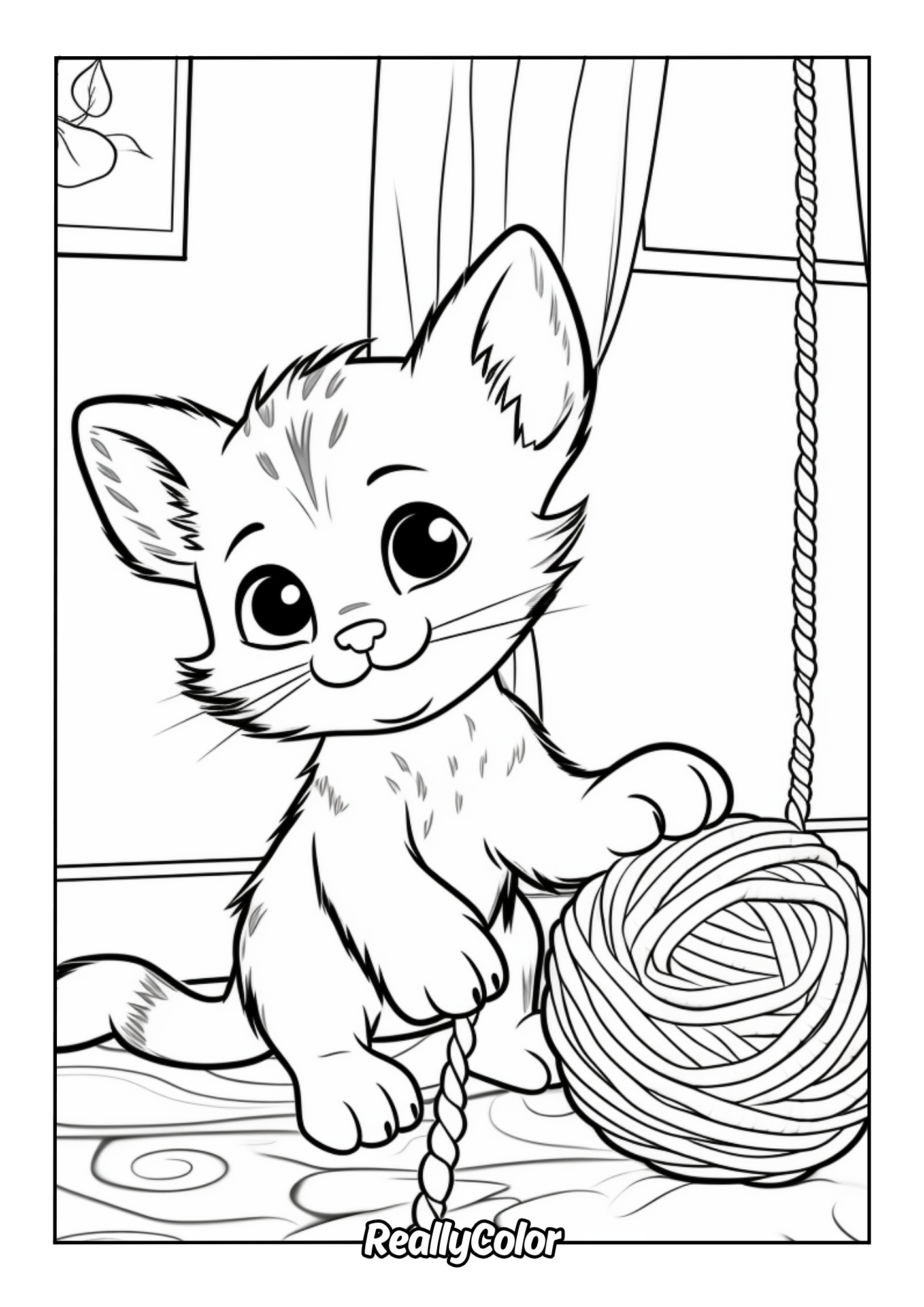 Coloring page of a cat's playtime