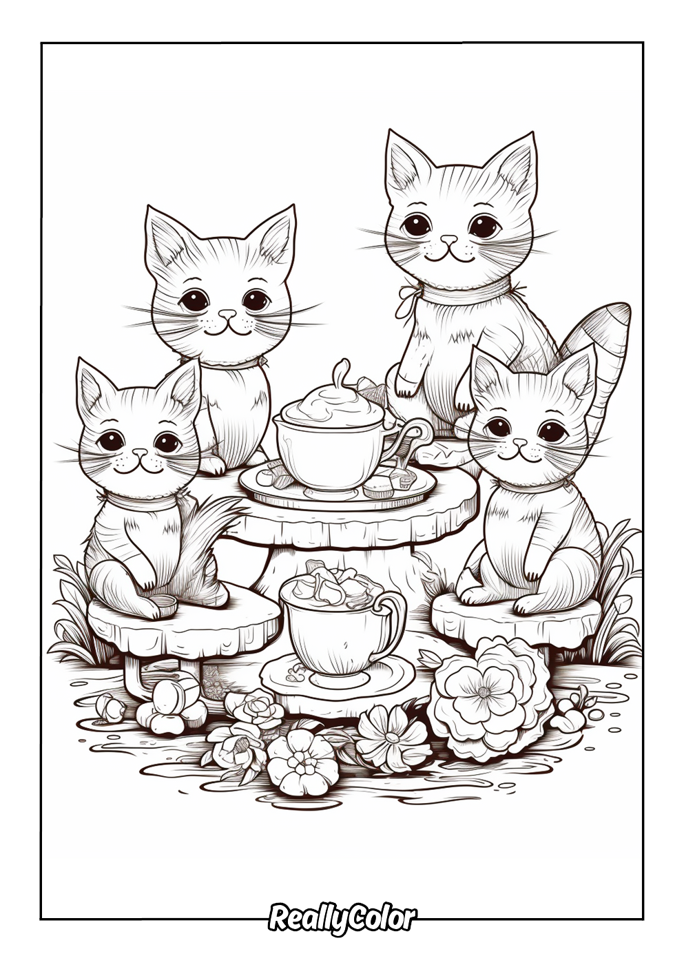 Coloring page of a cat's tea party