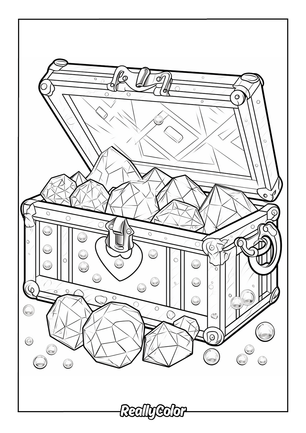 Coloring page of a chest full of crystals