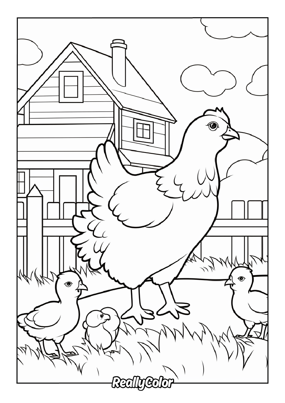 Coloring page of a chicken mom and its chicks