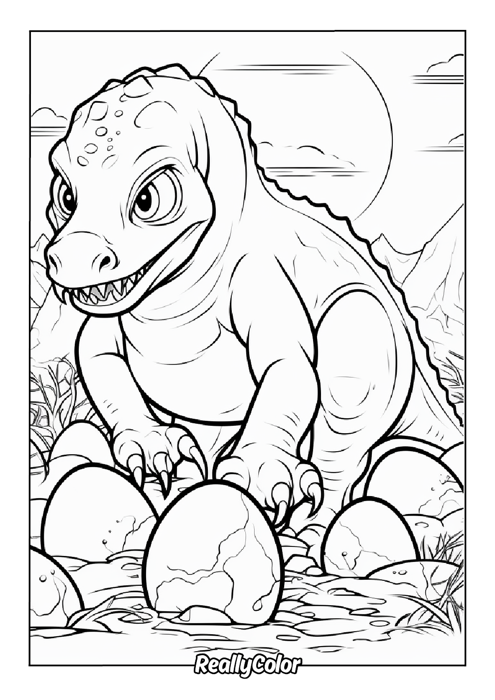 Coloring page of a dinosaur mom guarding her dino eggs