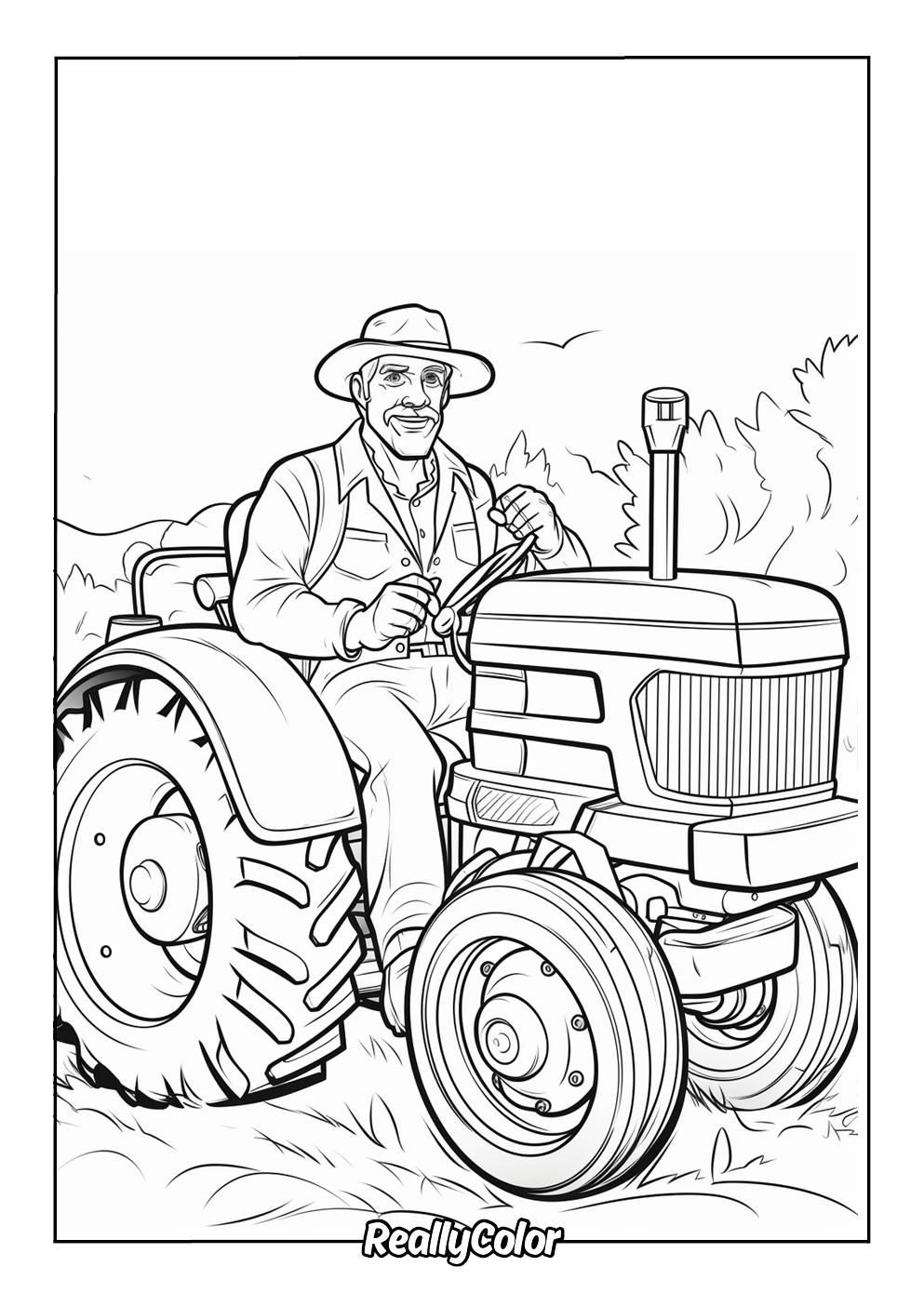 Coloring page of a farmer working on a tractor