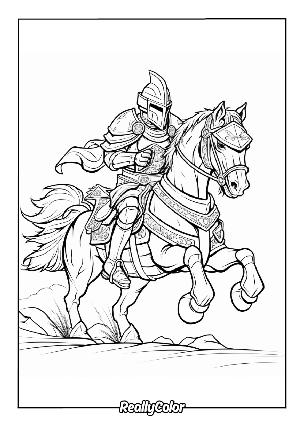 Coloring page of a knight riding an armored horse