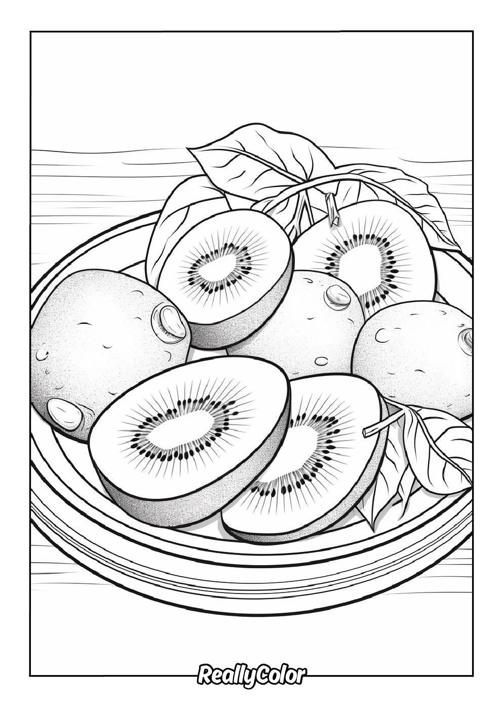 Coloring page of a plate full of a kiwi