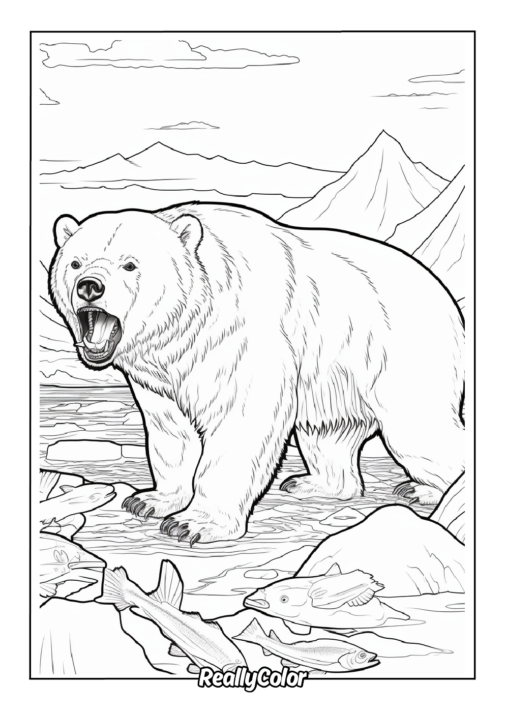 Coloring page of a roaring brown bear