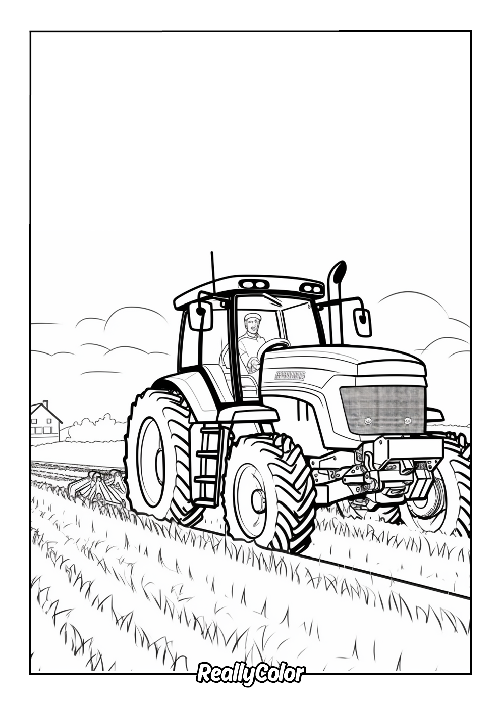 Coloring page of a tractor in action