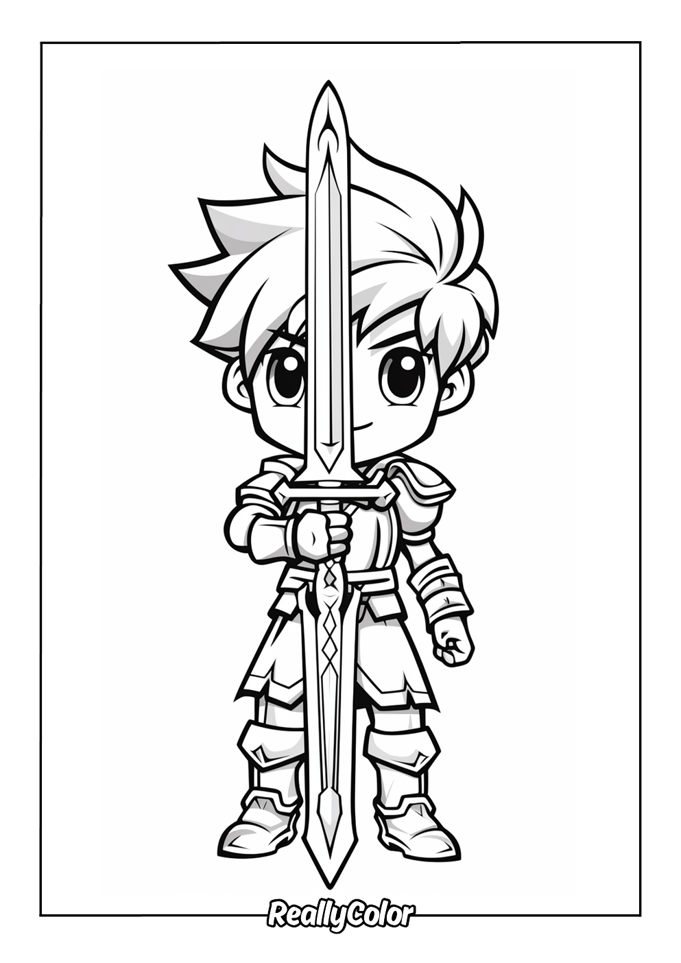 Coloring page of a warrior holding a double-edged sword