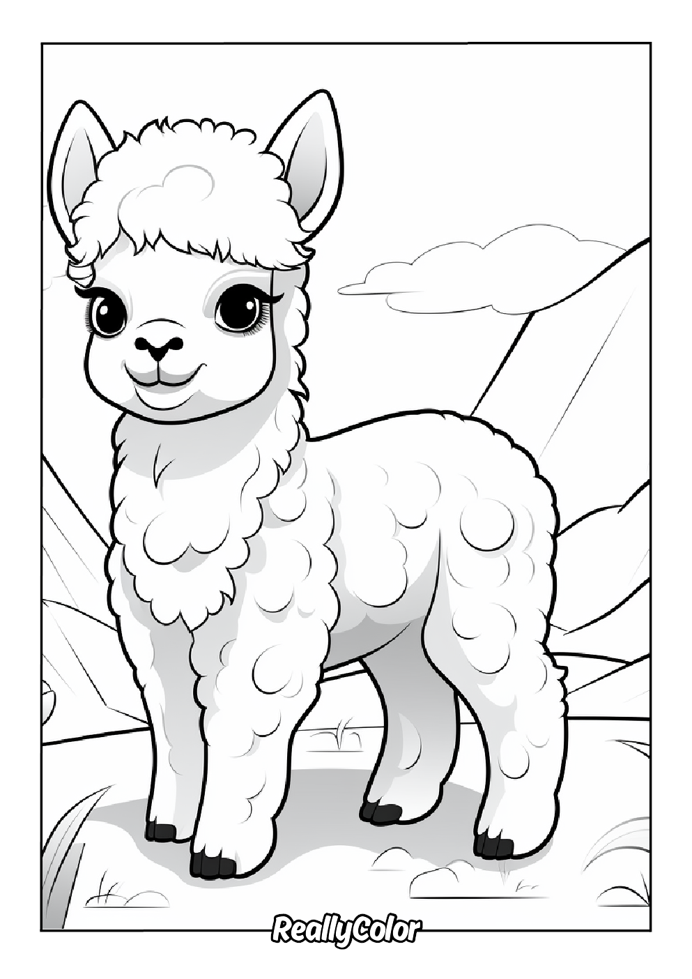 Coloring page of an adorable alpaca