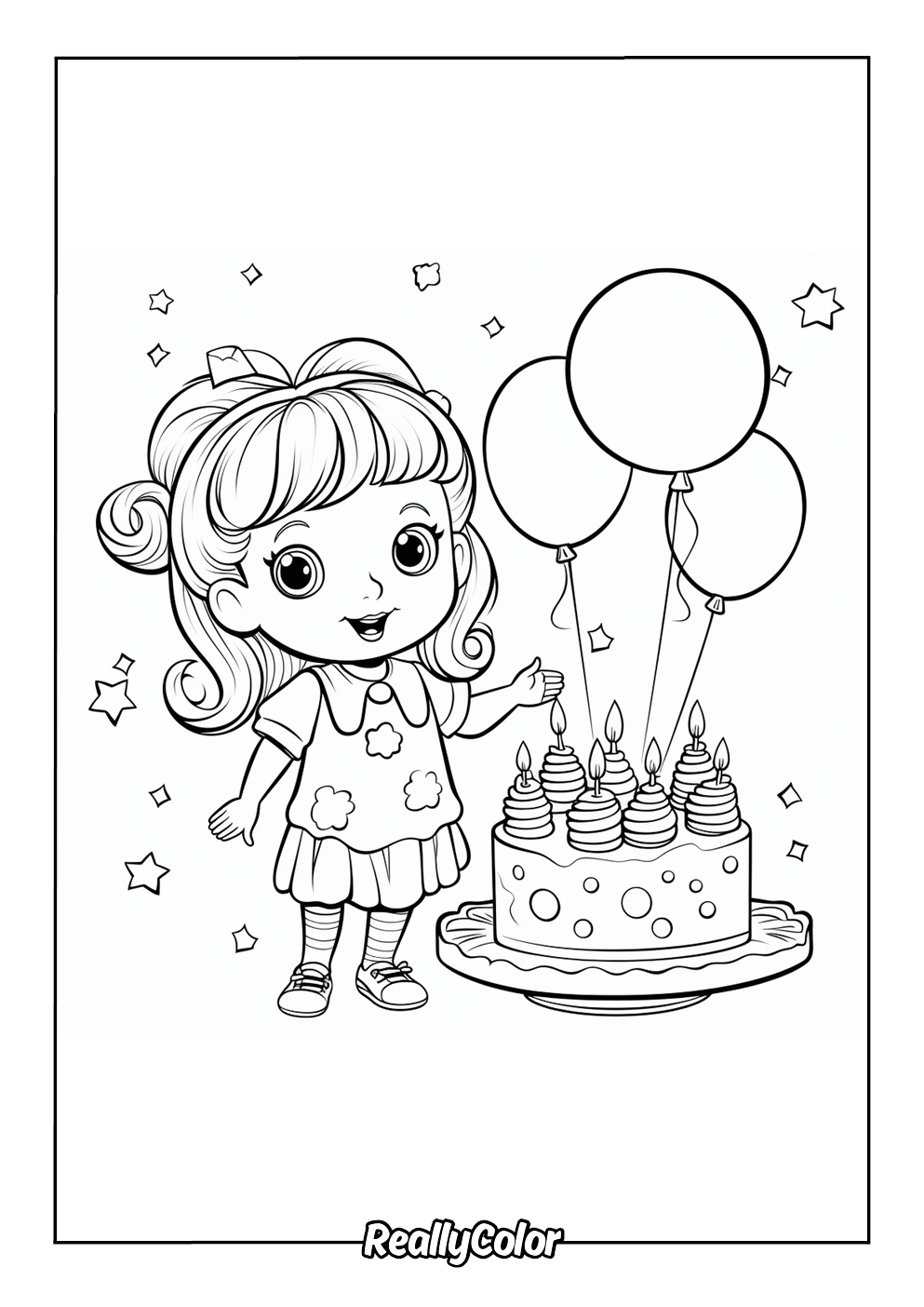 Coloring page of birthday cake and balloons