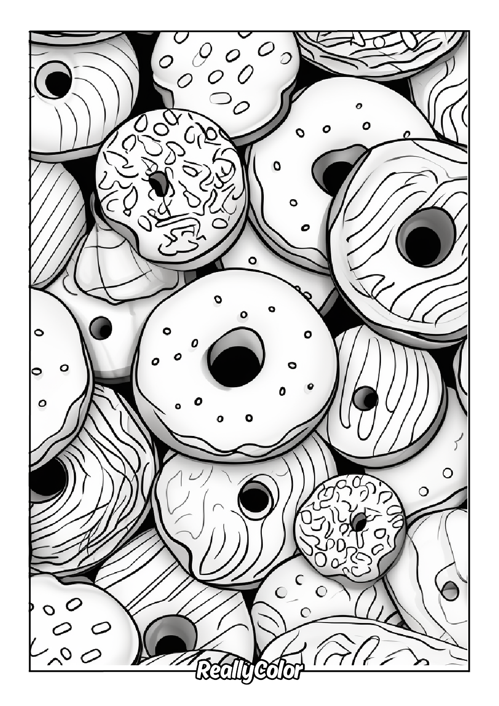 Coloring page of doughnuts party