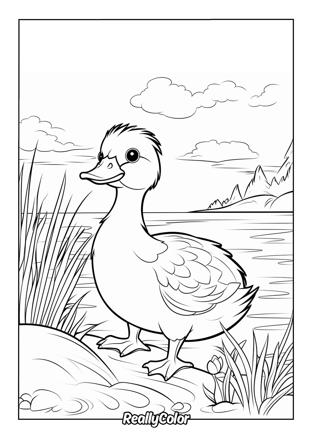 Coloring page of ducks swimming in a lake