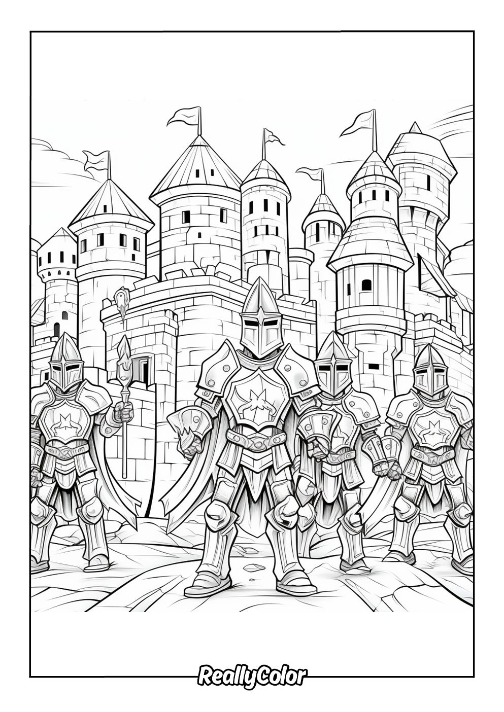 Coloring page of knights defending their castle