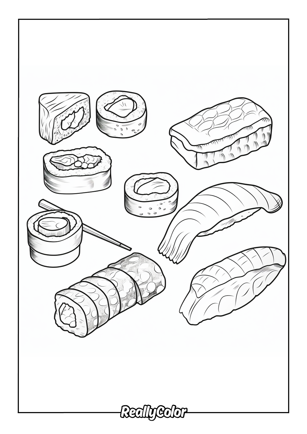 Coloring page of sushi nigiri and sashimi