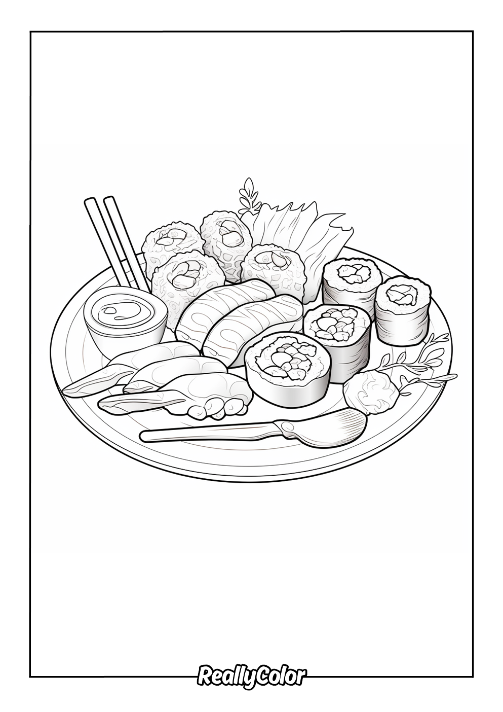 Coloring page of sushi plate