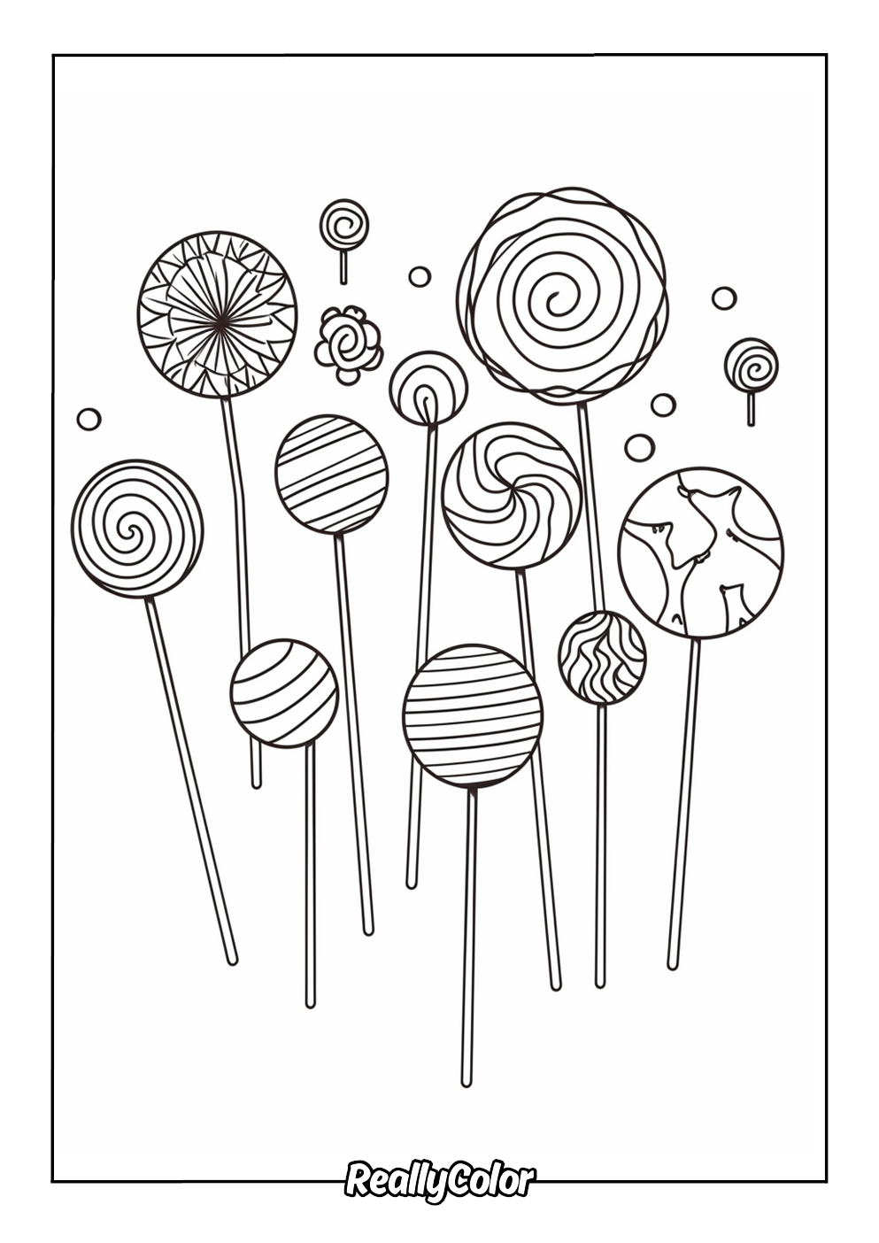 Coloring page of various unique lollipops