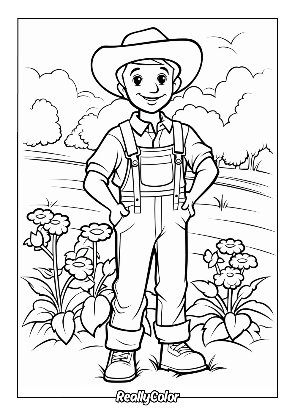Cute farmer coloring page for kids
