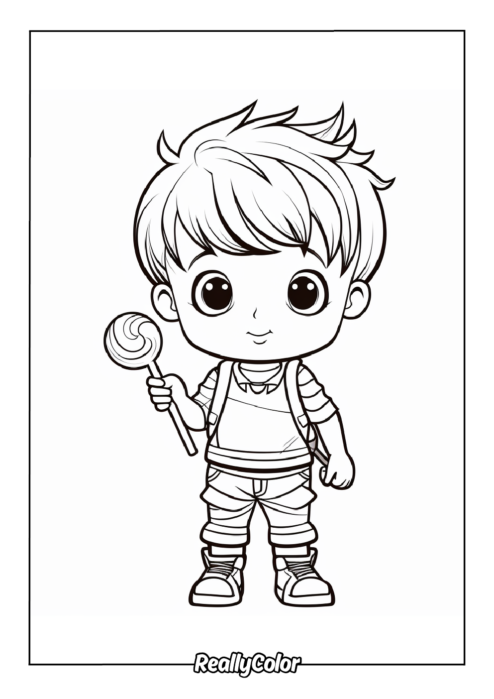 Cute kid holding a lollipop coloring page
