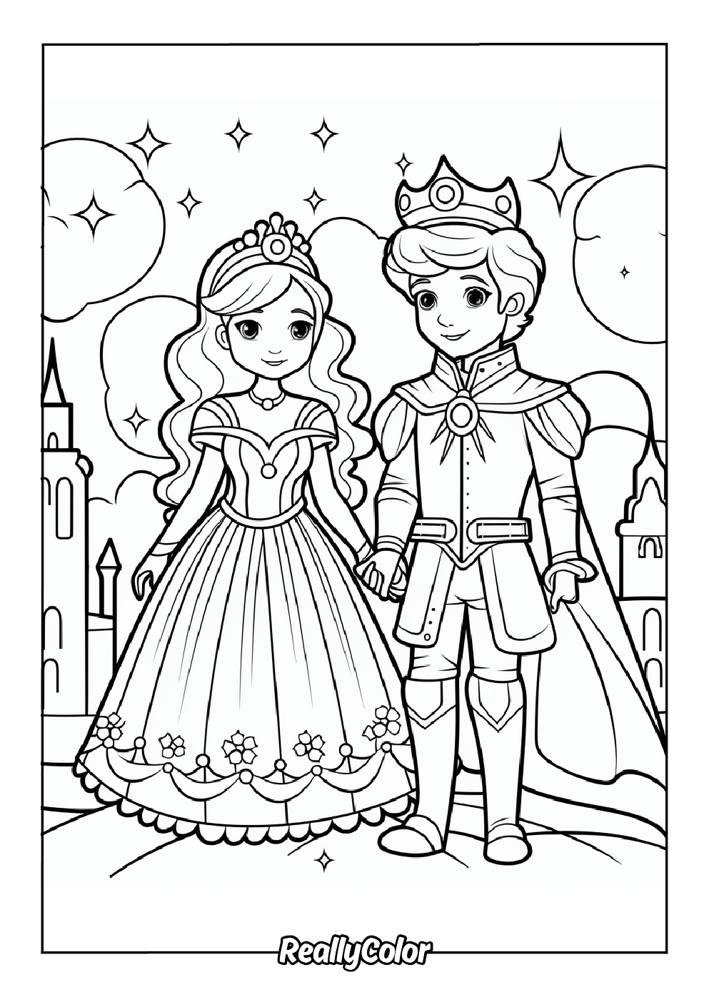 Cute princess and prince coloring page