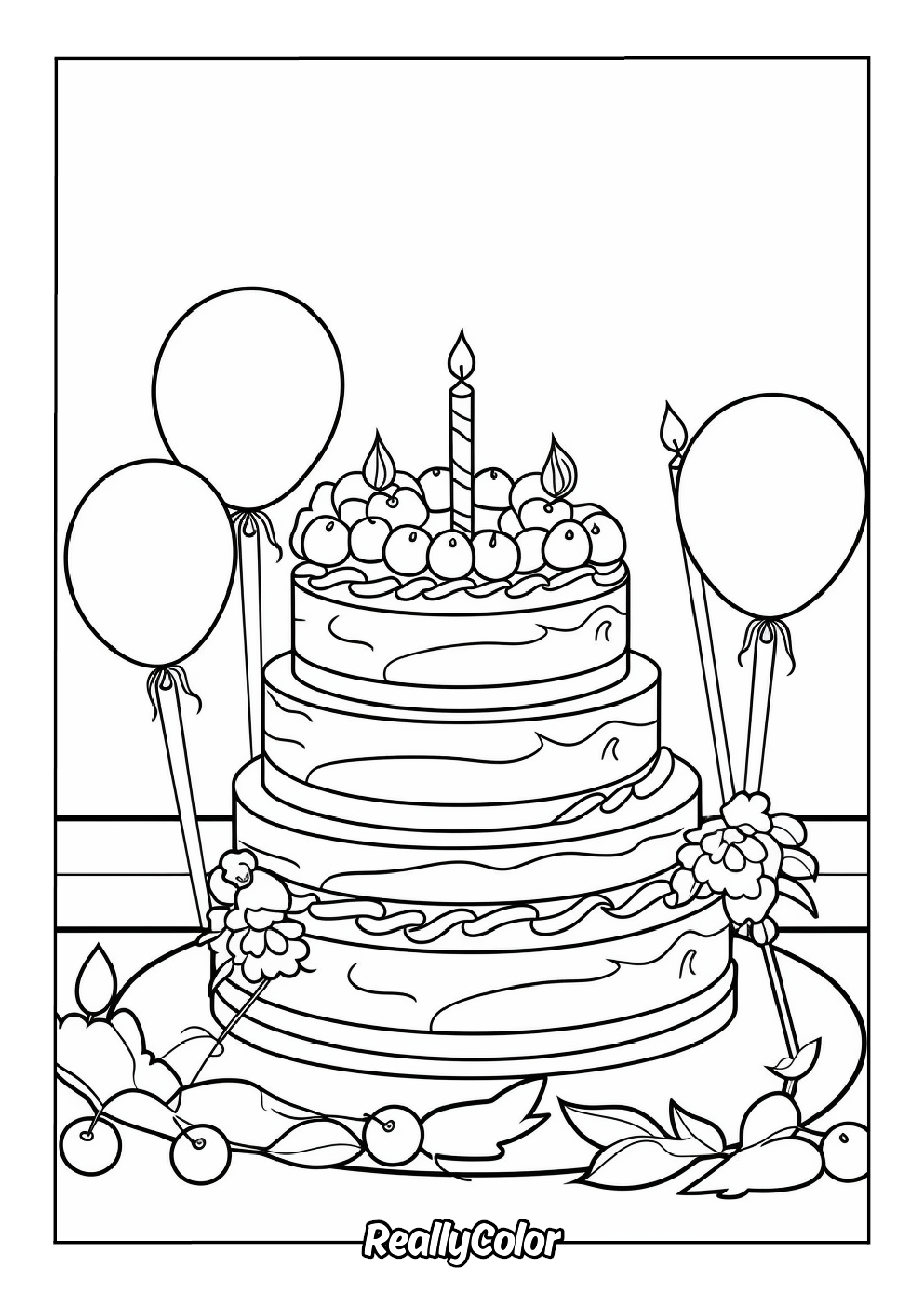 Delicious birthday cake coloring page