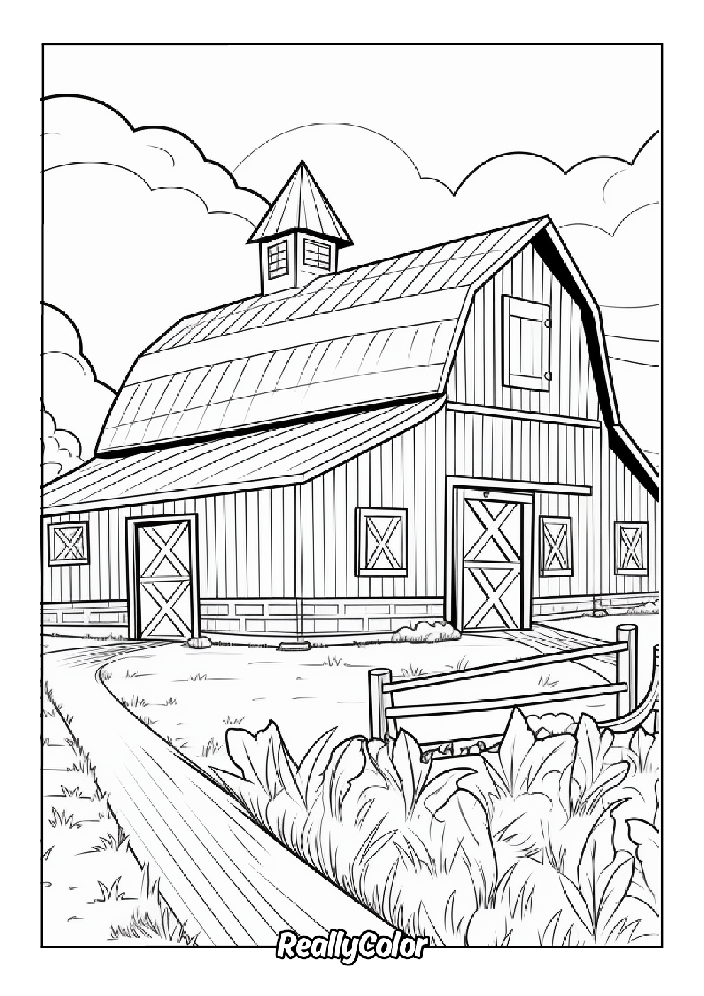Detailed barn color page for adults