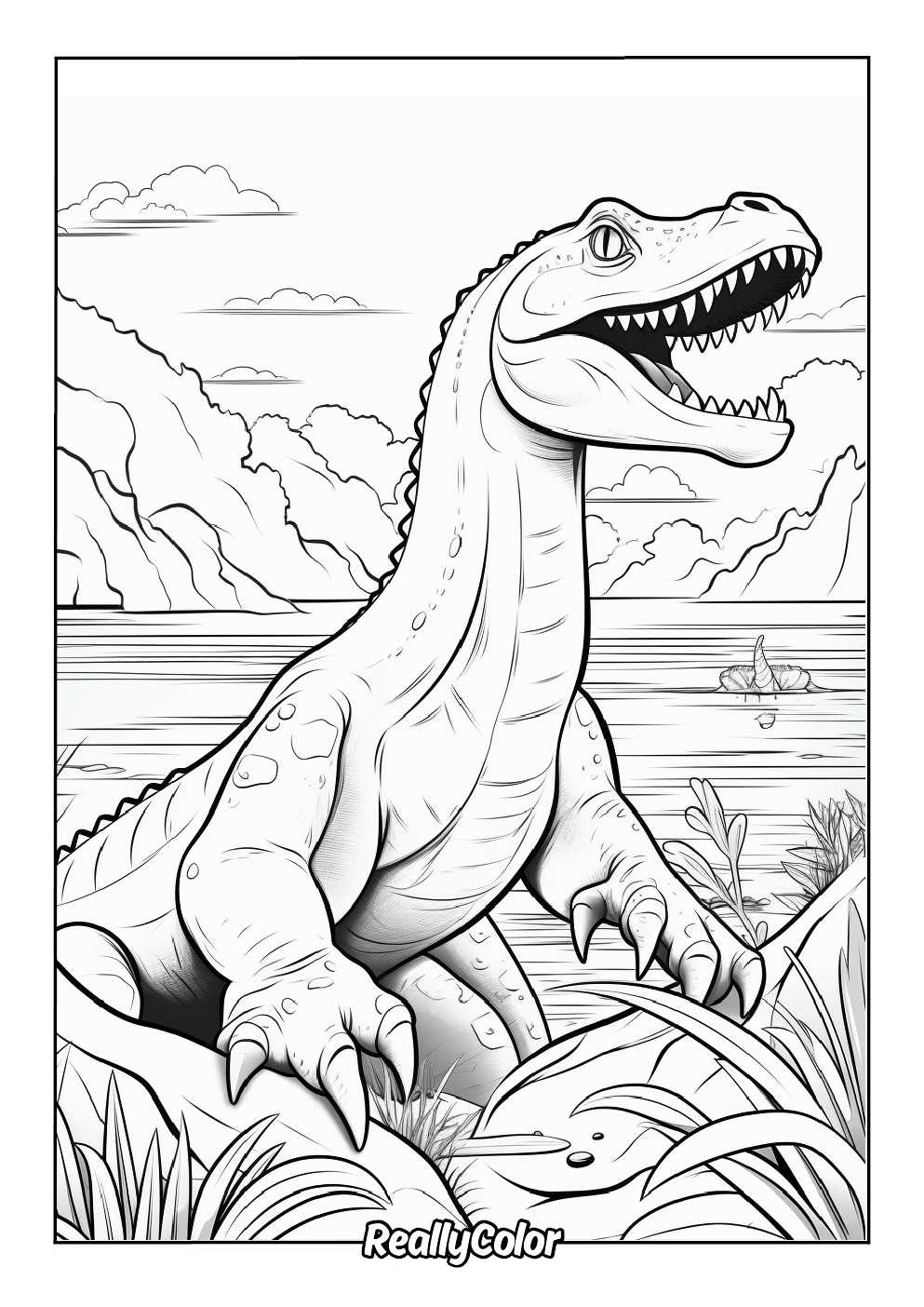 Fun coloring page of a baryonyx dinosaur