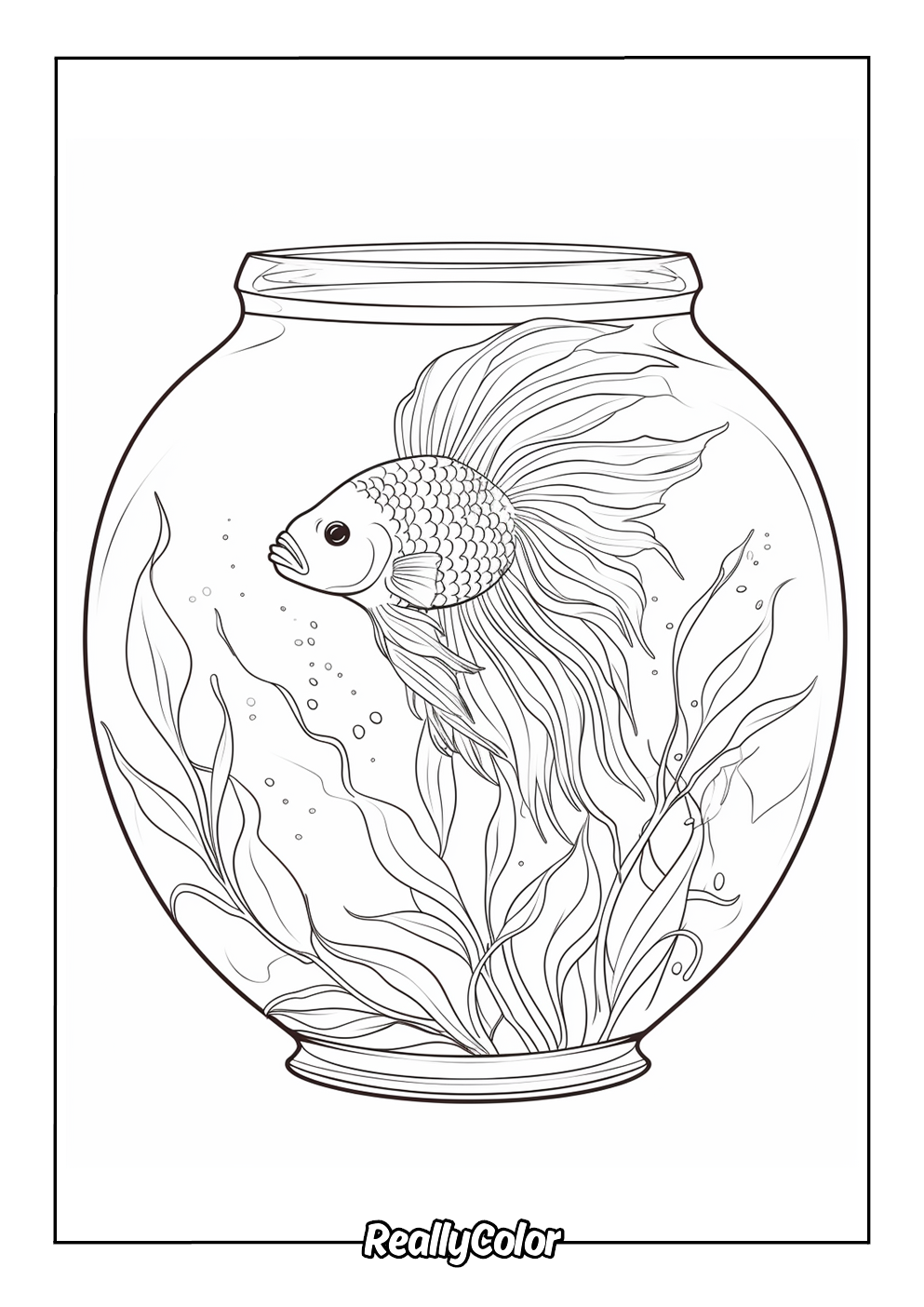 Fun coloring page of a betta fish in an aquarium