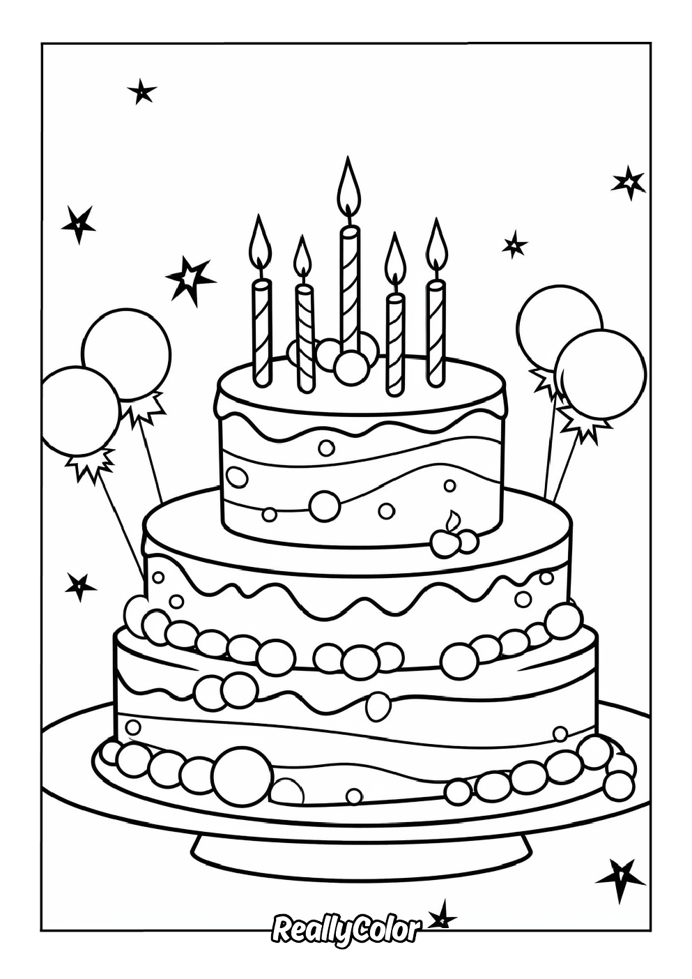 Fun coloring page of a birthday cake