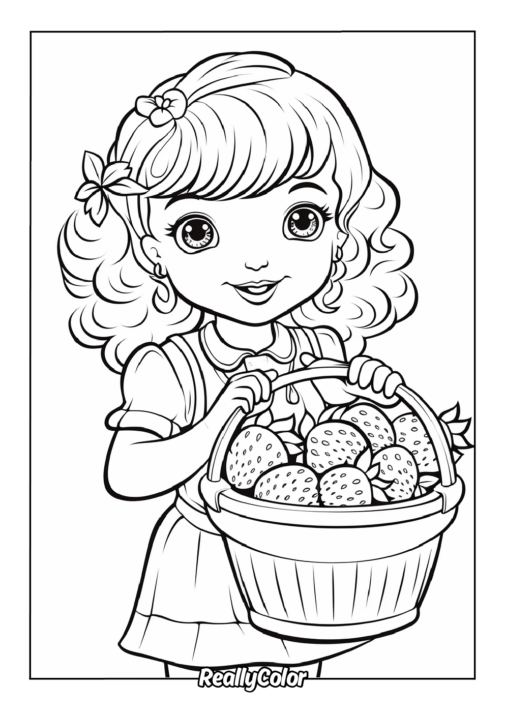 Fun coloring page of a girl holding strawberries basket