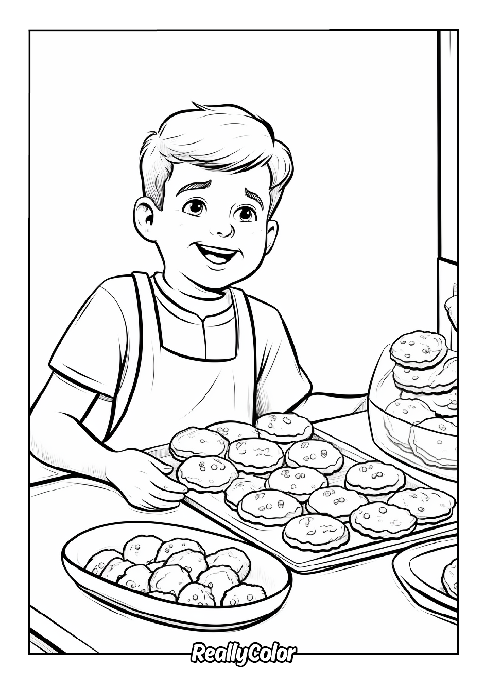 Fun coloring page of a kid baking cookies